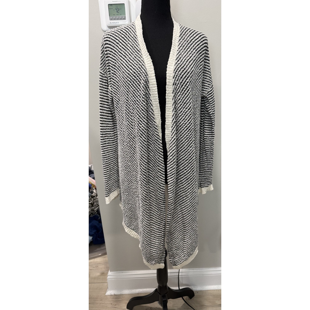 Eileen Fisher Organic Cotton Open Front Sweater Cardigan Black Stripe Small